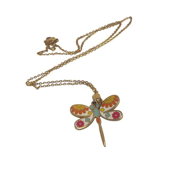 Dragonfly Pendant Necklace With Vibrant Floral Design & Gold Chain - Picture 1 of 4